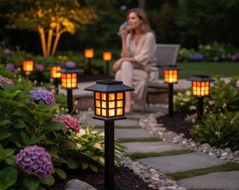 BUCASA 6-Pack Solar Flame Torch Lights – Flickering LED Pathway Lights, Auto On/Off, IP65 Waterproof, Adjustable Poles For Yard, Garden & Patio Decor