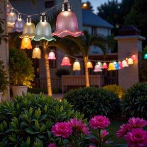 May include: A string of outdoor lights with bell-shaped shades in various colors, including pink, yellow, and blue. The lights are strung across a garden with green bushes and pink flowers, creating a festive atmosphere.