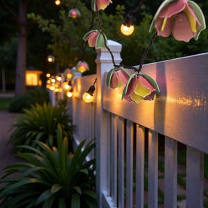 Puede incluir: Una cadena de luces decorativas con pantallas en forma de flor en rosa, verde y amarillo. Las luces están colgadas a lo largo de una valla blanca, con el brillo cálido de las bombillas iluminando la escena. Ideal para la decoración exterior.
