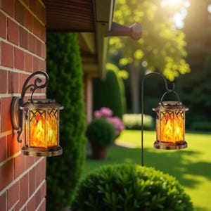 May include: Two bronze-coloured outdoor lanterns with a flame effect. One is mounted on a brick wall, the other hangs from a black shepherd's hook. The lanterns feature a decorative, geometric design and emit a warm, orange glow.