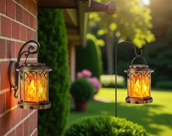 Flickering Flame Solar Lanterns, Outdoor Hanging Garden Lights Bronze Black, Spring Summer Decor Gift for Mom USA UK CA