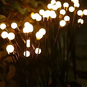 Può includere: Un gruppo di luci solari da esterno con lampadine a LED bianco caldo. Le luci sono disposte su sottili steli scuri, simili a lucciole o picchetti decorativi da giardino. Lo sfondo è sfocato.