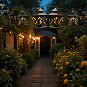 May include: A string of black, lantern-style lights hangs above a brick pathway lined with bushes and yellow flowers. The lanterns are lit, casting a warm glow over the garden scene. A small building with a dark door is visible in the background.