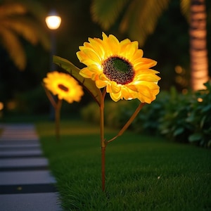 Puede incluir: Luces solares de jardín con forma de girasol. Las flores artificiales tienen pétalos de color amarillo brillante y un centro oscuro, con un brillo cálido. Están colocadas en una zona de césped con un camino de piedra, creando una iluminación exterior decorativa.