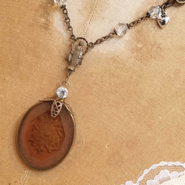 Vintage Intaglio Cameo Rosary Necklace ~ Vintage Topaz Glass ~ Religious Jewelry ~ Assemblage Jewelry ~ One of a Kind ~ FREE Shipping in USA