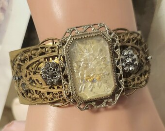Vintage Filigree Cameo Cuff Bracelet ~ Vintage Jewelry ~ Steampunk ~ Assemblage Jewelry ~ Repurposed ~ FREE SHIP in USA