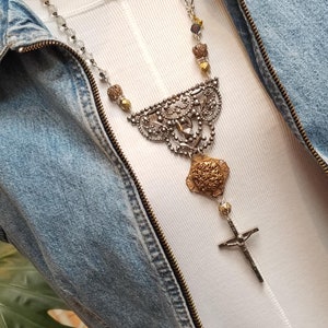 Vintage French Cut Steel Cross Assemblage Necklace ~ Mixed Metal Religious Jewelry ~ Crucifix ~ Cross Jewelry ~ Steampunk ~ FREE SHIP in USA