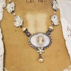Vintage Shell Cameo on Vintage Mother of Pearl Brooch ~ Assemblage Necklace ~ Bridal Jewelry ~ Vintage Jewelry ~ FREE SHIPPING in USA