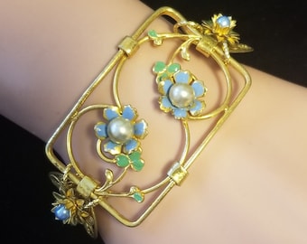 Vintage Brass Filigree Flower Bracelet ~ Blue Pearl Bracelet ~ Vintage Jewelry ~ Assemblage Bracelets ~ FREE SHIPPING in USA