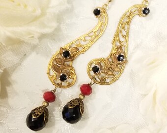 Beautiful Jet Black Earrings ~ Vintage Jewelry ~ Upcycled Filigree Jewelry ~ Dangle Earrings ~ Long Earrings ~ FREE SHIPPING in USA