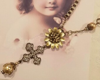 Rhinestone Sunflower Cross Assemblage Necklace ~ Vintage Jewelry ~ Religious Jewelry ~ Crucifix ~ Bridal ~ Cross Jewelry ~FREE SHIP in USA