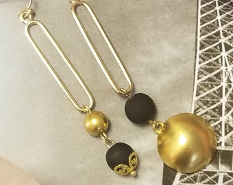 Mismatched Gold & Black Earrings ~ 1960s ~ Chandelier Earrings ~ Boho ~ Assemblage ~ FREE SHIP in USA