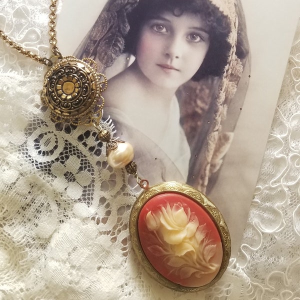 Huge Vintage Cameo Locket Necklace ~ Floral Resin Cameo ~ Assemblage Jewelry ~ Vintage Button ~ Free Shipping in the USA
