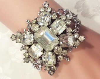 Rhinestone Bracelet ~ Statement Jewelry ~ Bridal Jewelry ~ Wedding Bracelet ~ Vintage Jewelry ~ Gothic ~ Assemblage ~ FREE SHIP in USA