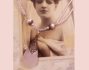 Vintage Pink Opal Filigree Pendant ~ Pink Swarovski Pearl Necklace ~ Something Old ~ Bridesmaids Necklace ~ Beach Wedding ~ FREE SHIP in USA