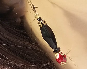 CLOSE OUT ~ WERE 21.99 ~ Jet Black Earrings ~ Long Earrings ~ Red ~ Vintage Jewelry ~ Upcycled ~ Assemblage Dangle Earrings ~ Art Deco