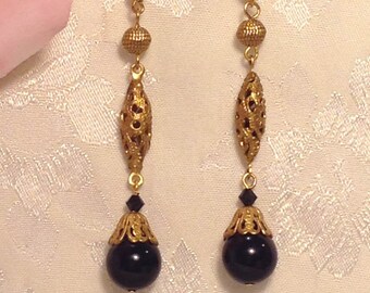 Jet Black Earrings ~ Long Earrings ~ Vintage Jewelry ~ Upcycled ~ Dangle Earrings ~ Assemblage Earrings ~ Art Deco