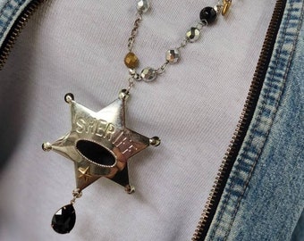 Fun Junior Sheriff Long Necklace ~ Mixed Metals with Black ~ Western Jewelry ~ Assemblage Necklace ~ Vintage Jewelry ~ FREE SHIP in USA