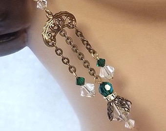Green Earrings ~ Chandelier Earrings ~ Crystal Earrings ~ Filigree ~ Vintage Jewelry ~ Downton Abbey ~ Assemblage Earrings ~FREE SHIP in USA