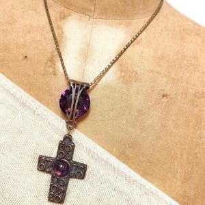Vintage Amethyst Crystal Cross Long Assemblage Necklace ~ Vintage Cross ~ Religious Jewelry ~ Crucifix ~ Cross Jewelry ~ FREE SHIP in USA