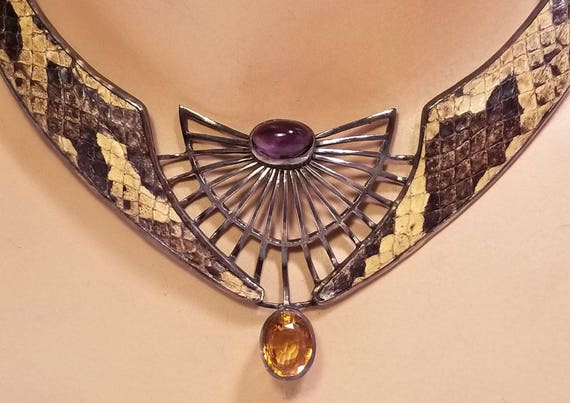 Vintage Genuine Snake Skin Artisan Necklace ~ Gem… - image 4