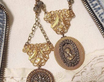Vintage Brass Filigree & French Cut Steel Assemblage Necklace ~ Wear Long or Short ~ CHOOSE Your Favorite ~ Very Cool ~ FREE Shipping in USA
