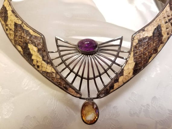 Vintage Genuine Snake Skin Artisan Necklace ~ Gem… - image 1