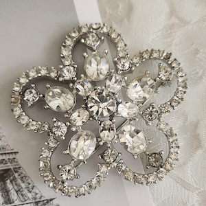 Large Silvertone Rhinestone Flower Brooch ~ 1960s ~ Unmarked ~ Rhodium-Plated ~ Repair