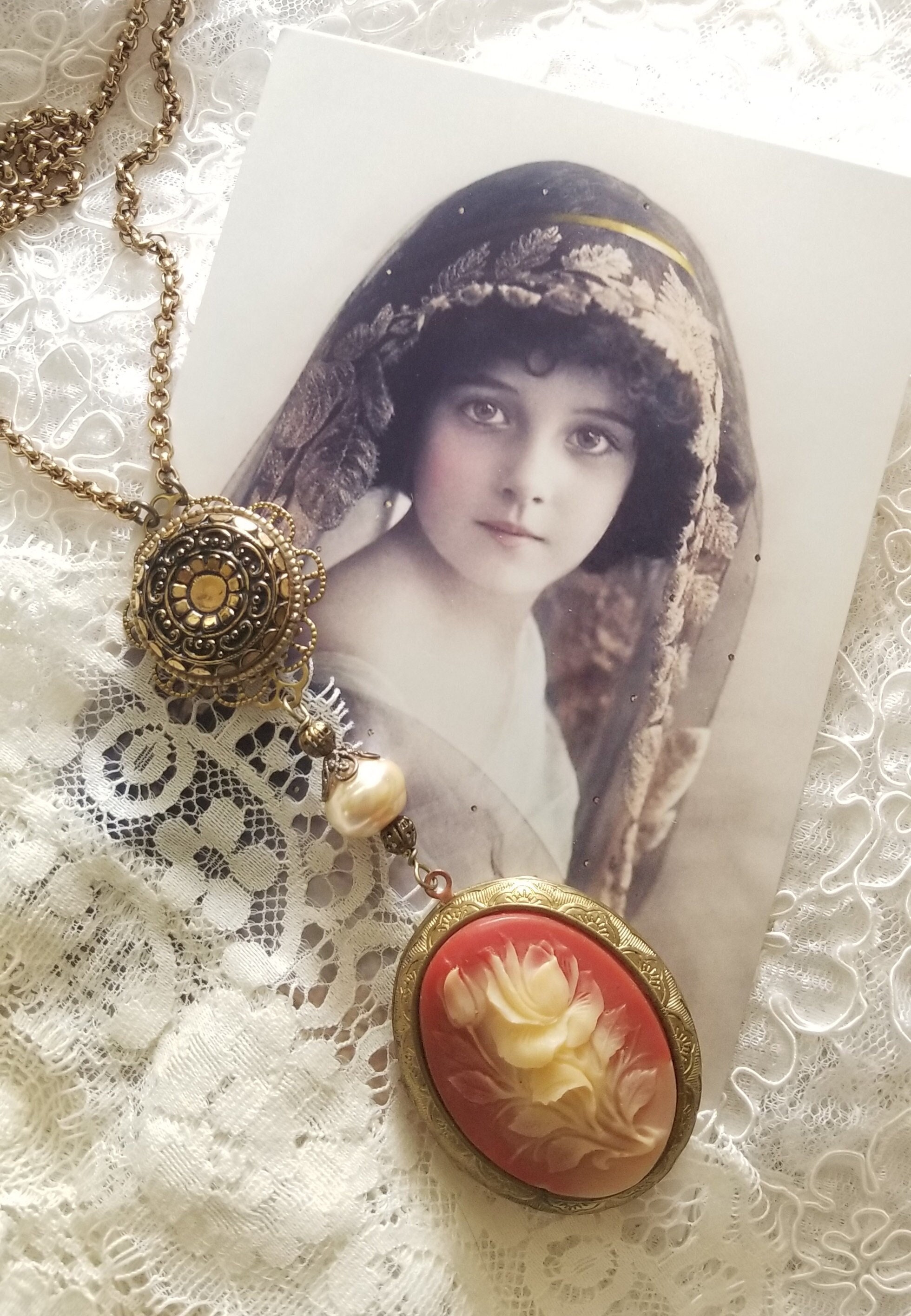 Huge Vintage Cameo Locket Necklace Floral Resin Cameo Assemblage