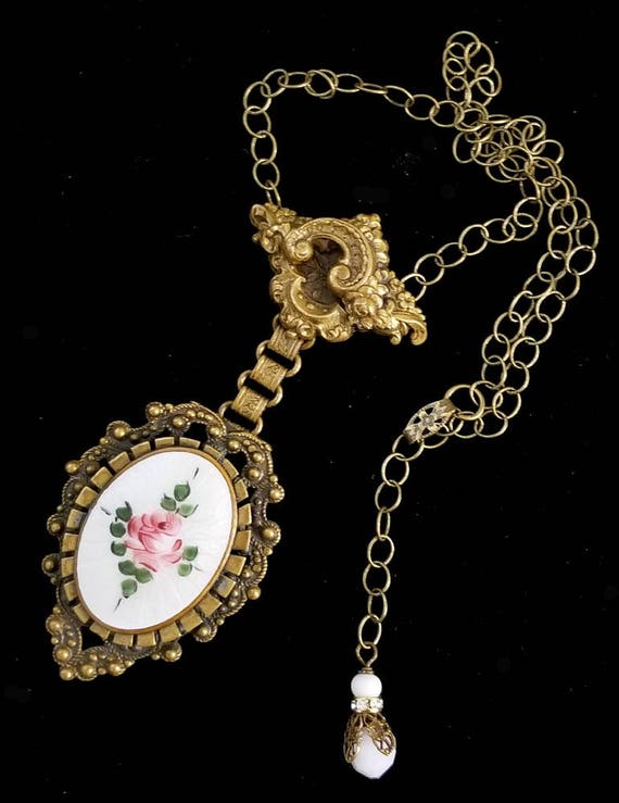 Vintage Guilloche Enamel Brooch Necklace Style Metal Spec NY 1930s