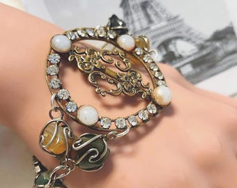 Handcrafted Victorian Paste Rhinestone Buckle Bracelet ~ Wrapped Gemstones ~ Assemblage Jewelry ~ Sterling Accents ~ FREE SHIP in US