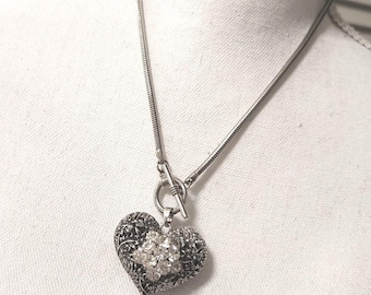 Vintage Puffy Heart Charm Necklace ~ Heart Necklace ~ Vintage Rhinestone Brooch