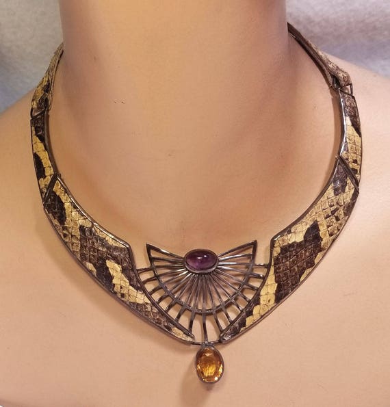 Vintage Genuine Snake Skin Artisan Necklace ~ Gem… - image 2