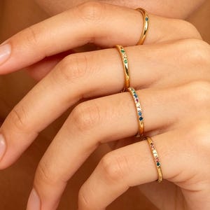 Personalized Dainty Birthstone Stackable Ring, Sterling Silver and Gold Two Tone, Christmas Gift for Grandmother, Birthday Present for Mom