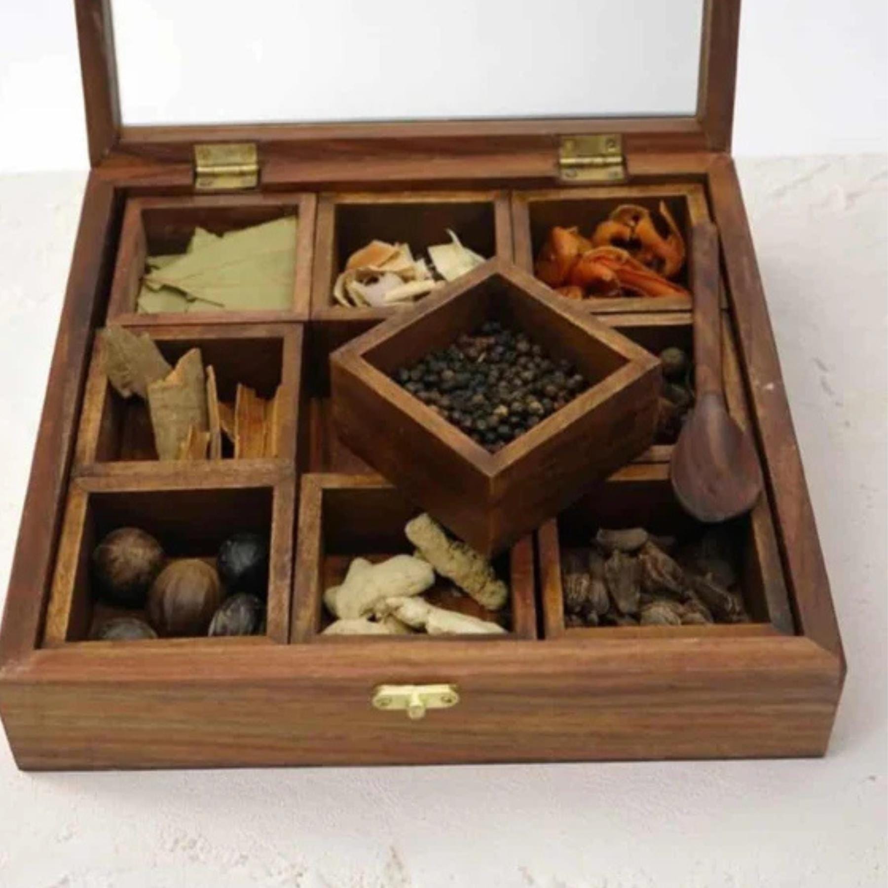 Grande Boîte à Thé En Bois Massif Avec Compartiments - Inde