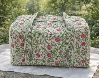 Borsa da viaggio trapuntata floreale, borsone da viaggio in cotone fatto a mano, borsa da viaggio con stampa a blocchi, regalo ecologico per lei, borsa da mercato con stampa Jaipur