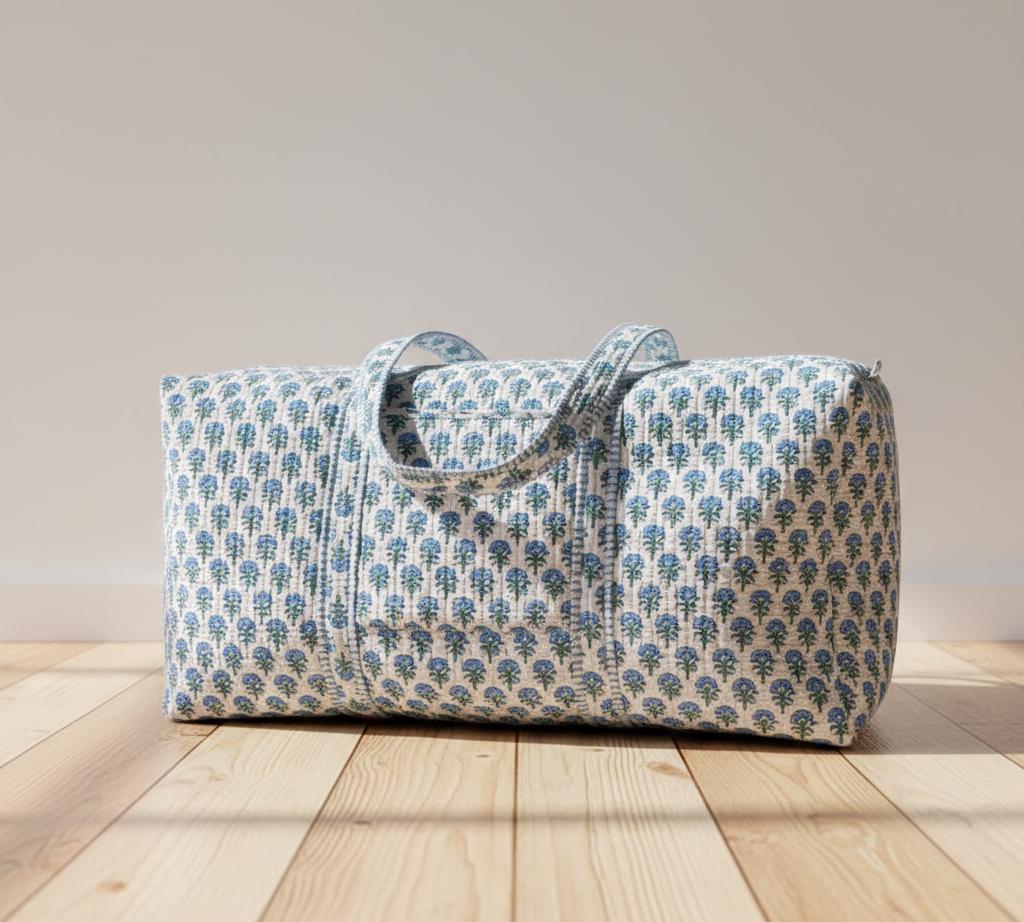 Quilted Cotton Duffle Bag Floral Block Print Weekender Travel Bag Large Overnight Bag Handmade Tote Boho Gym Bag Beach Bag Gift for Her Mom