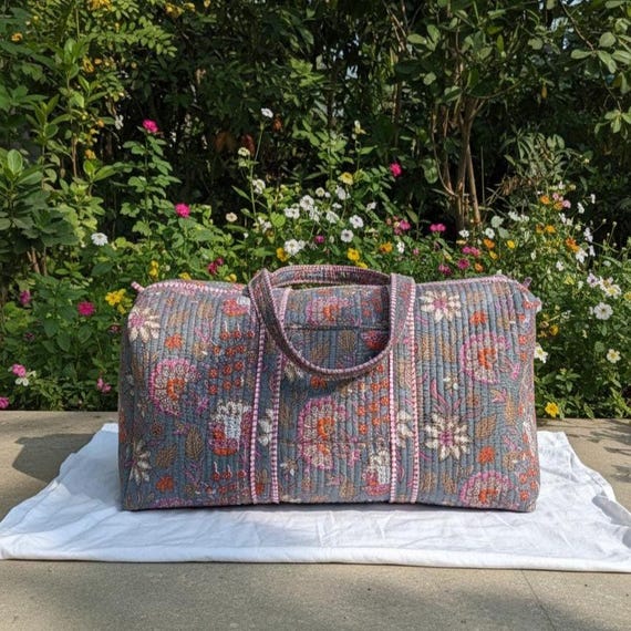 Floral Quilted Duffle Bag, Handmade Travel Organizer, Overnight Weekender Bag, Cotton Carryall For Her, Gym Or Yoga Bag, Xmas Bags For Sale
