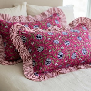 May include: Two decorative throw pillows with a vibrant pink floral pattern and ruffled edges. The pillows feature a repeating design of blue and green floral elements on a pink background, framed by a red and white striped border.