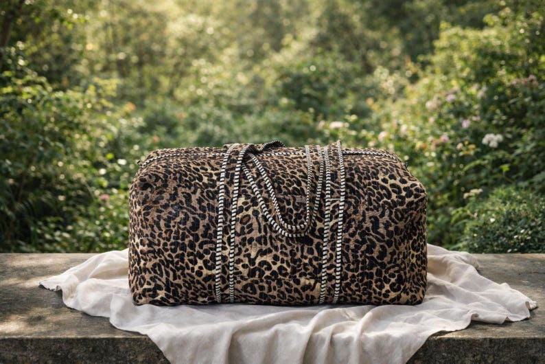 May include: A rectangular duffel bag featuring a brown and black leopard print pattern. The bag includes two long, sturdy carrying handles with a distinct black and white striped design that extends down the front of the bag's main body.