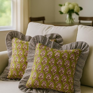 Blue Floral Block Print Throw Pillow Covers With Ruffle Edge | Cottagecore Cushion Cover | Handprinted Decorative Pillow | Farmhouse Decor Pillow Cover 11