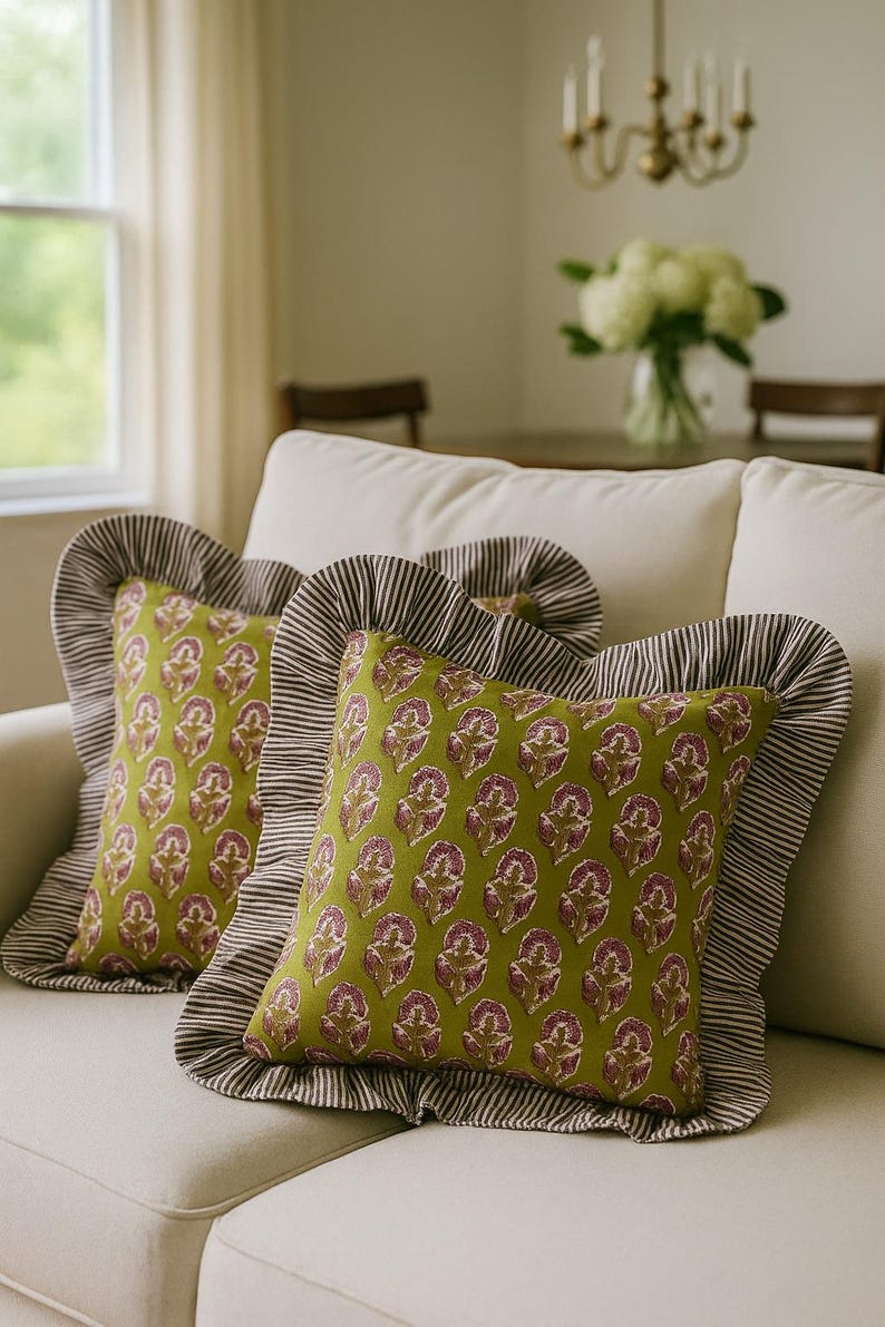 Blue Floral Block Print Throw Pillow Covers With Ruffle Edge | Cottagecore Cushion Cover | Handprinted Decorative Pillow | Farmhouse Decor Pillow Cover 11