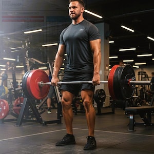 Può includere: Un uomo in palestra solleva un bilanciere con pesi rossi e neri. Indossa una maglietta grigio scuro, pantaloncini neri e scarpe da ginnastica. Il testo in basso recita: "The Ultimate 16-Week Strength Program Bench press - Squat - Deadlift."
