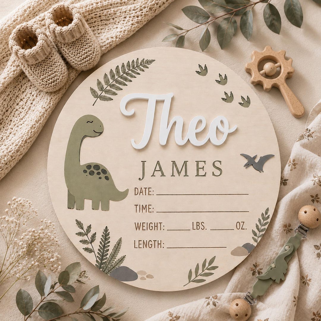 Personalized Dinosaur Birth Announcement Sign, Wooden Baby Name Plaque ...