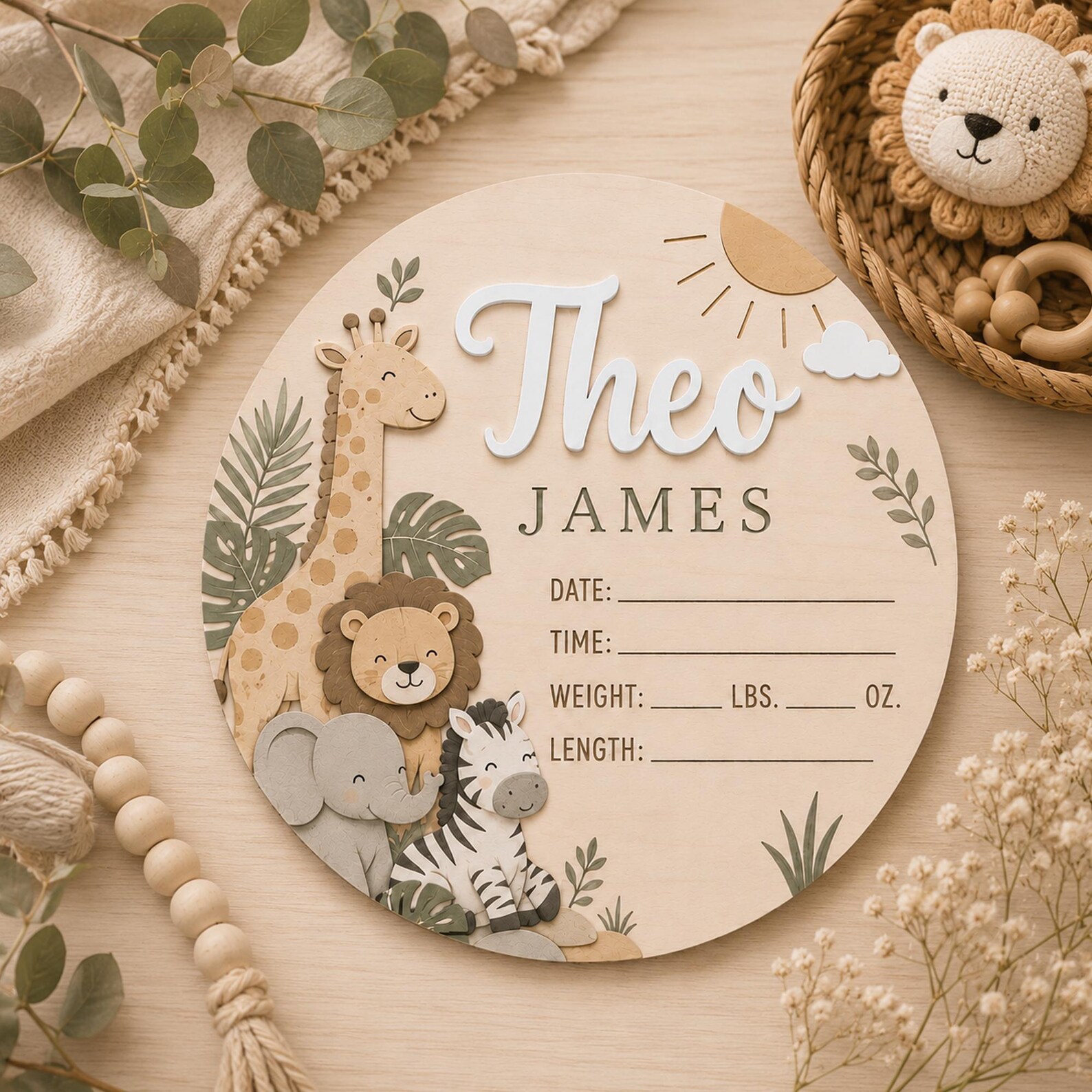 Personalized Safari Animals Birth Announcement Sign, Wooden Baby Name ...