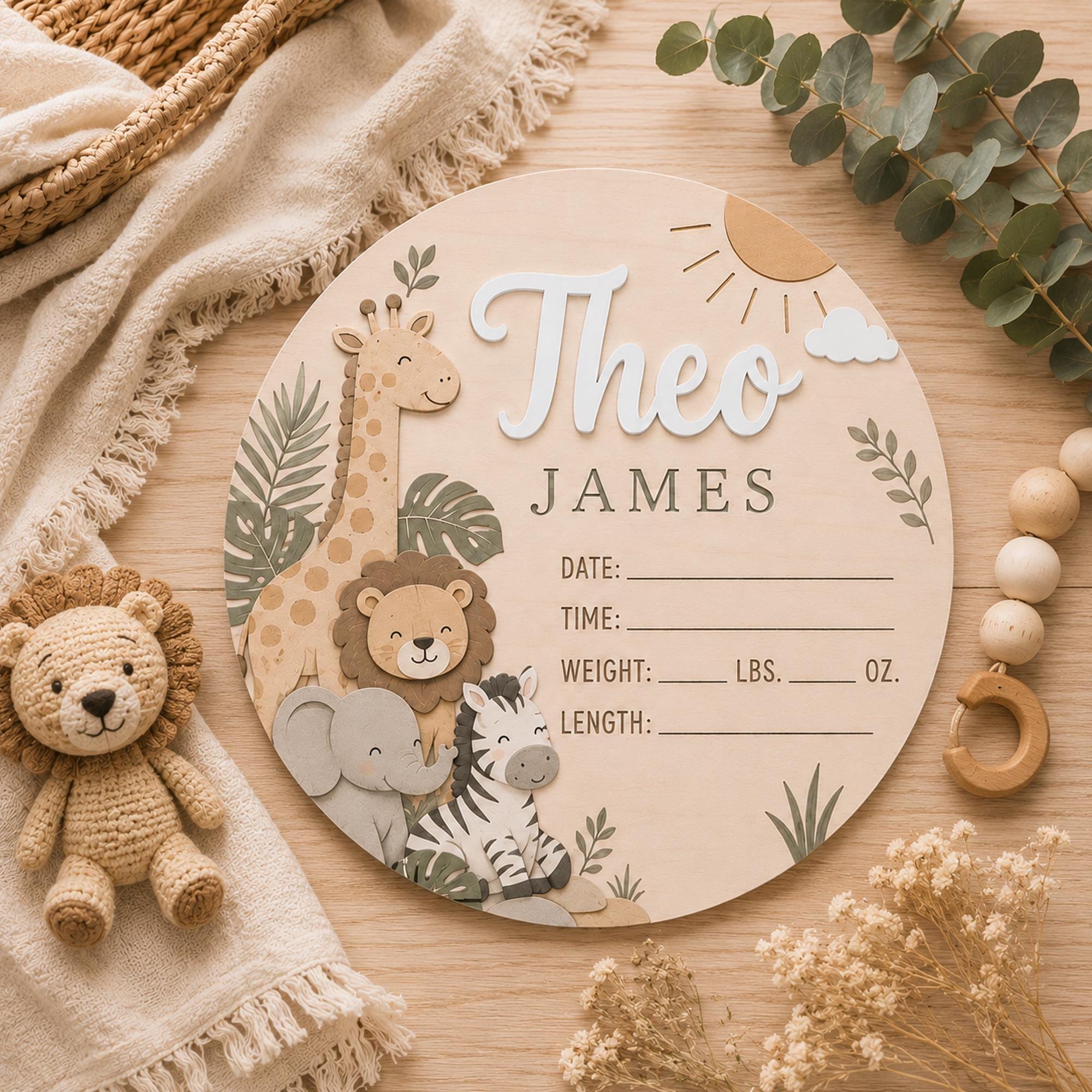 Personalized Safari Animals Birth Announcement Sign, Wooden Baby Name ...