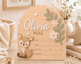 Personalized Deer Birth Announcement Sign, Woodland Baby Name Plaque, Custom Newborn Stats Board, Floral Nursery Decor Gift