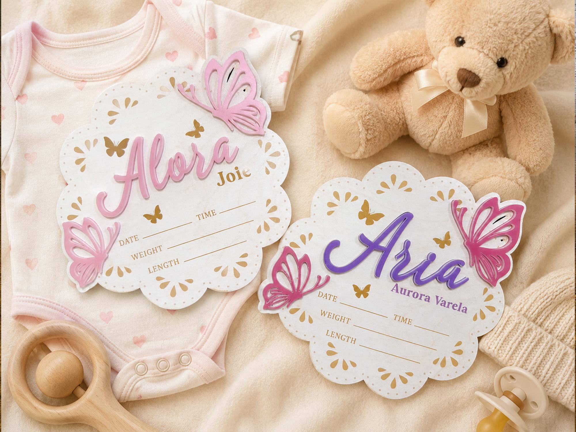 Baby Announcement Birth Sign With Butterfly | Personalized Wooden ...