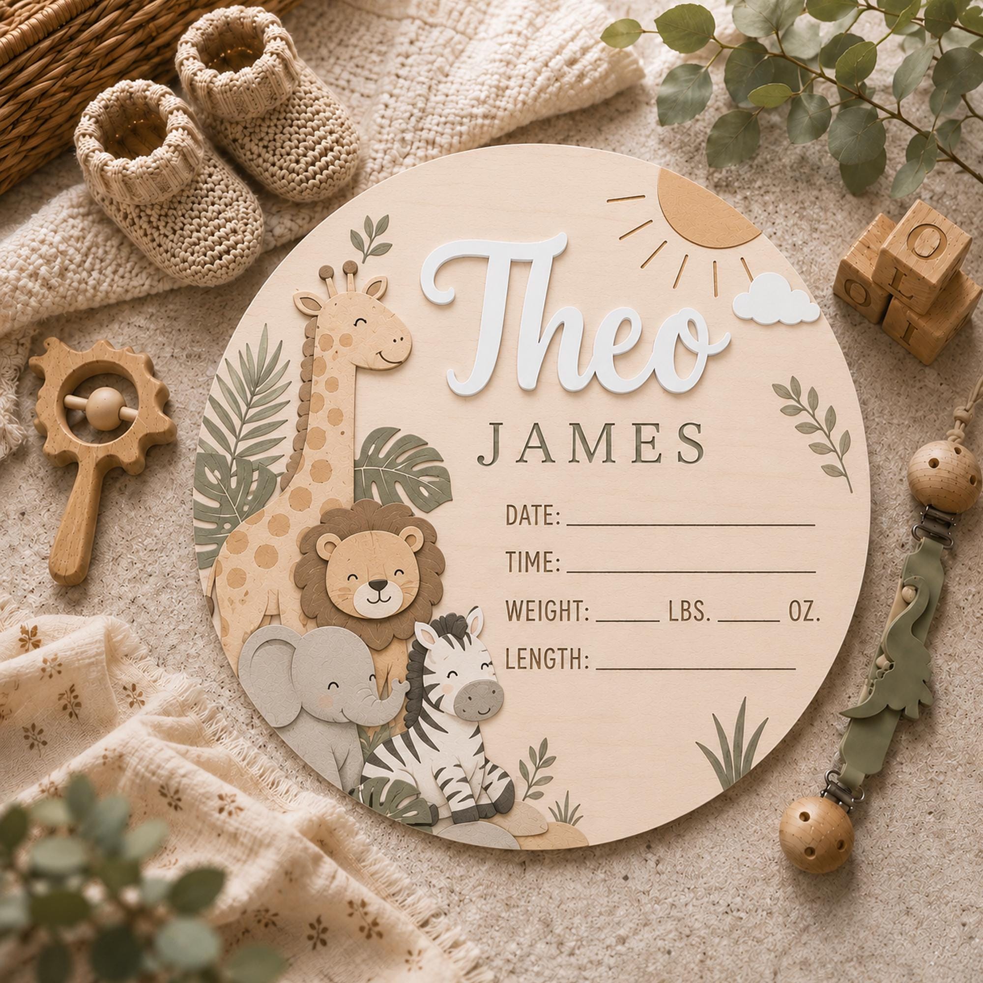Personalized Safari Animals Birth Announcement Sign, Wooden Baby Name ...