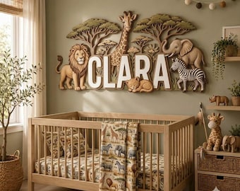 May include: A wooden wall sign featuring the name CLARA in large white letters, surrounded by carved figures of a lion, giraffe, elephant, and zebra amidst trees. The sign is mounted above a wooden crib with a patterned animal print blanket.